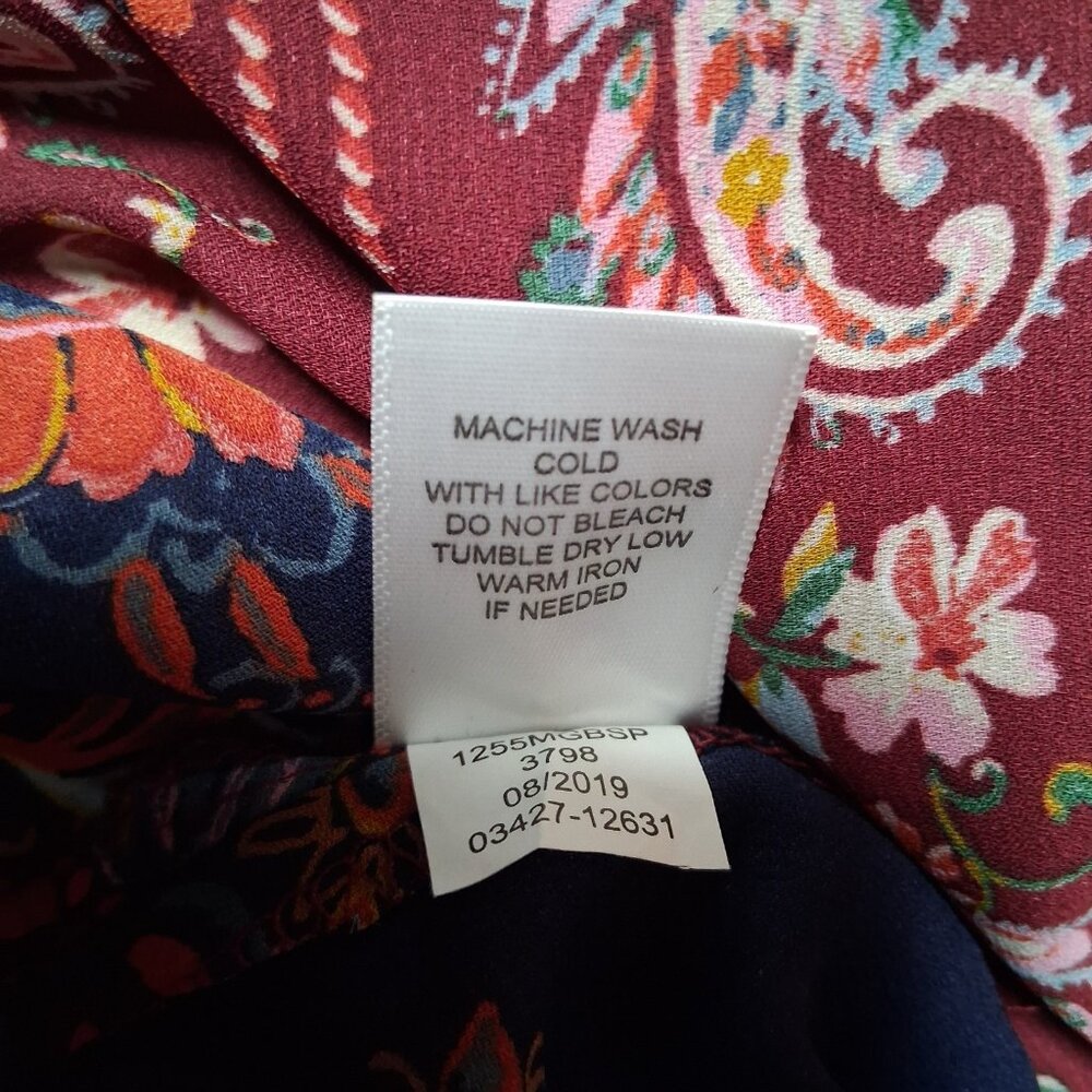 Dressbarn Blouse XL Maroon Blue Paisley Floral Tapestry Semi Sheer Long Sleeve - Picture 7 of 16